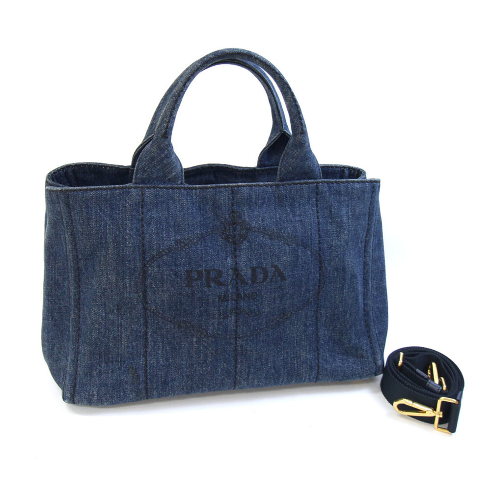 Prada Canapa Handbag 1BG642 Blue Denim Shoulder Bag Hand Tote Medium Size Wom...